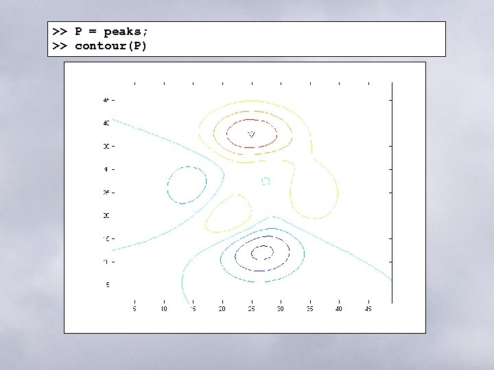 >> P = peaks; >> contour(P) 