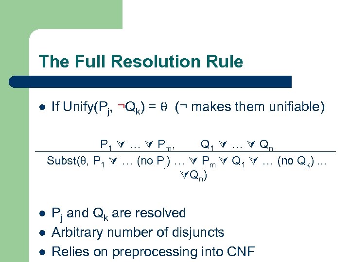The Full Resolution Rule l If Unify(Pj, ¬Qk) = (¬ makes them unifiable) P