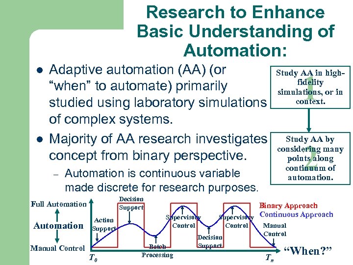 Research to Enhance Basic Understanding of Automation: l l Adaptive automation (AA) (or “when”