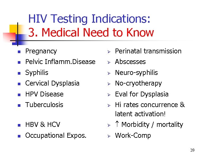 HIV Testing Indications: 3. Medical Need to Know Pregnancy Ø Perinatal transmission Pelvic Inflamm.
