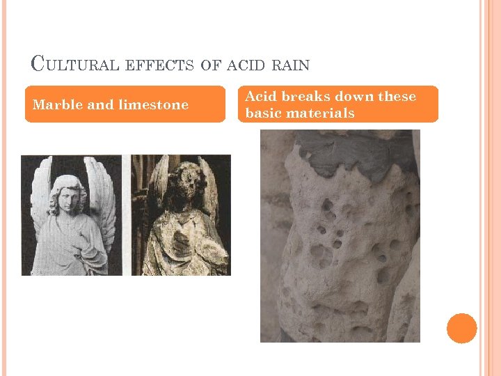 CULTURAL EFFECTS OF ACID RAIN Marble and limestone Acid breaks down these basic materials