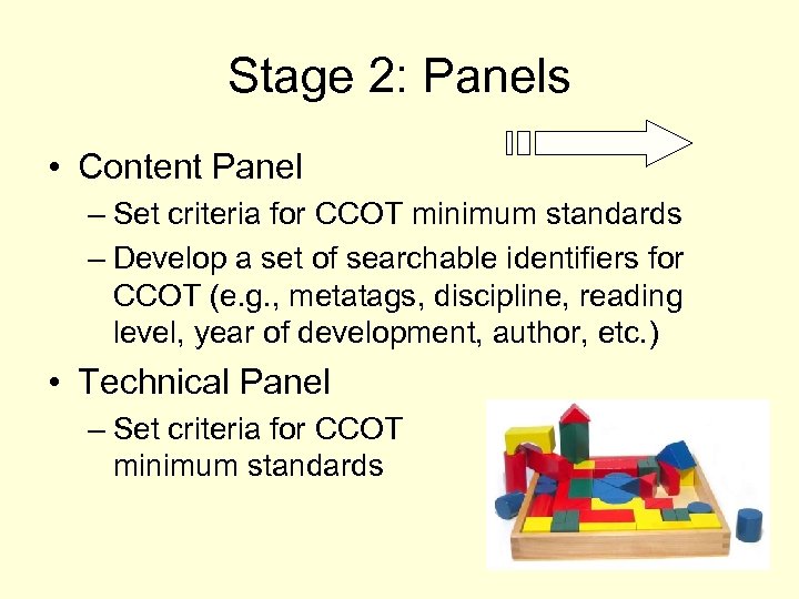 Stage 2: Panels • Content Panel – Set criteria for CCOT minimum standards –