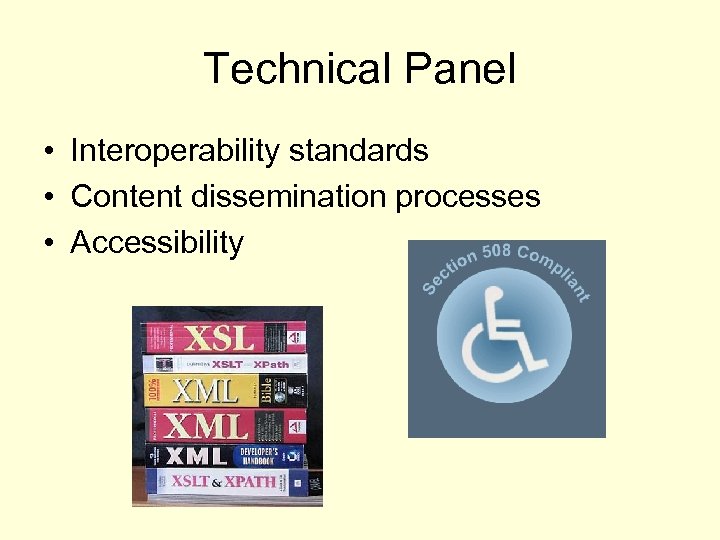 Technical Panel • Interoperability standards • Content dissemination processes • Accessibility 