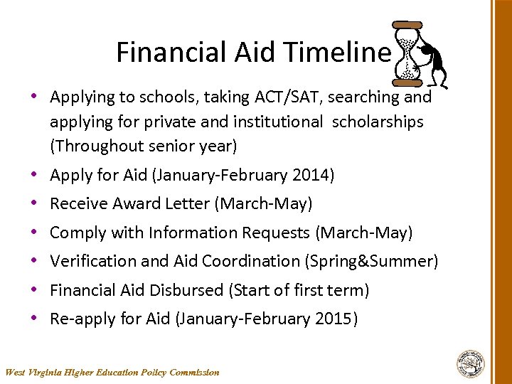 Financial Aid Timeline • Applying to schools, taking ACT/SAT, searching and applying for private