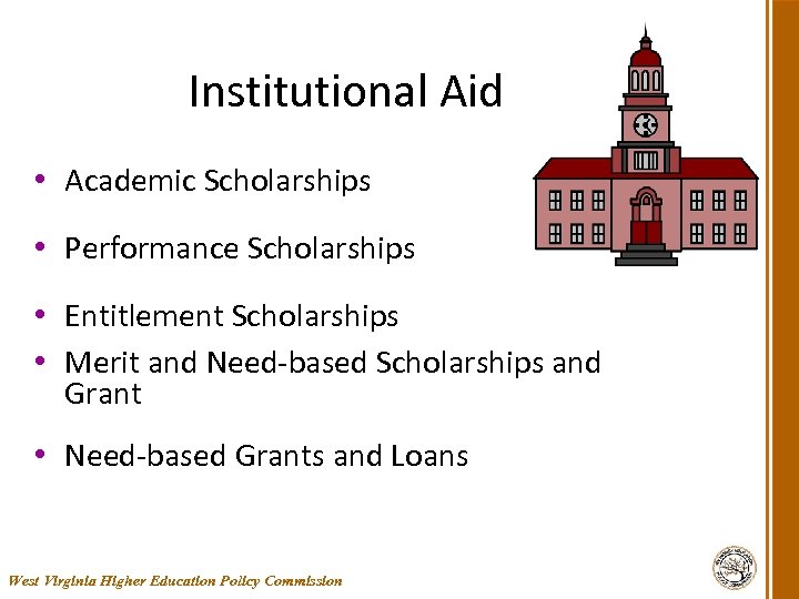 Institutional Aid • Academic Scholarships • Performance Scholarships • Entitlement Scholarships • Merit and