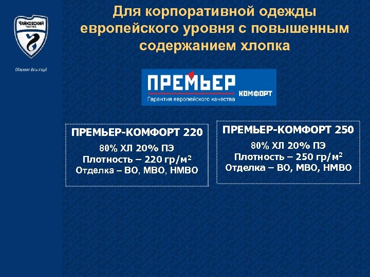 Для корпоративной одежды европейского уровня c повышенным содержанием хлопка ПРЕМЬЕР-КОМФОРТ 220 ПРЕМЬЕР-КОМФОРТ 250 80%