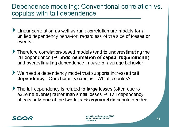 Dependence modeling: Conventional correlation vs. copulas with tail dependence Linear correlation as well as