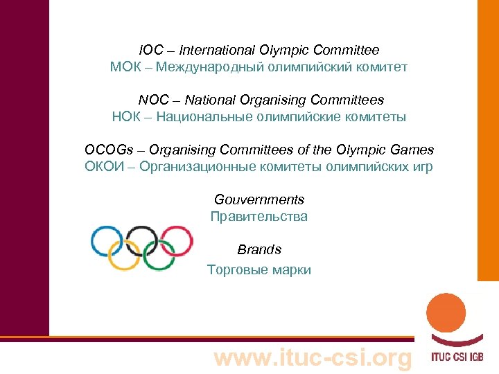 IOC – International Olympic Committee МОК – Международный олимпийский комитет NOC – National Organising