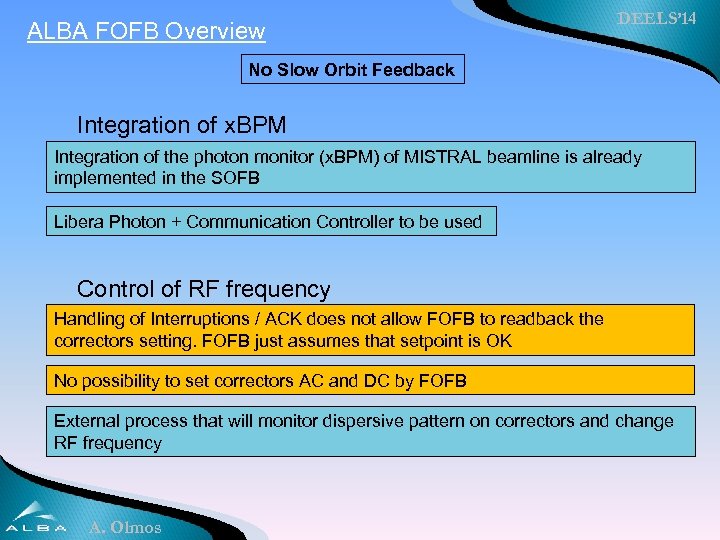 ALBA FOFB Overview DEELS’ 14 No Slow Orbit Feedback Integration of x. BPM Integration