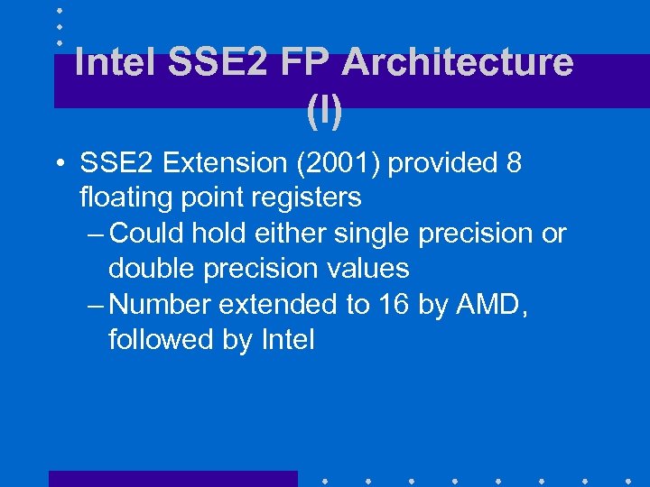 Intel SSE 2 FP Architecture (I) • SSE 2 Extension (2001) provided 8 floating