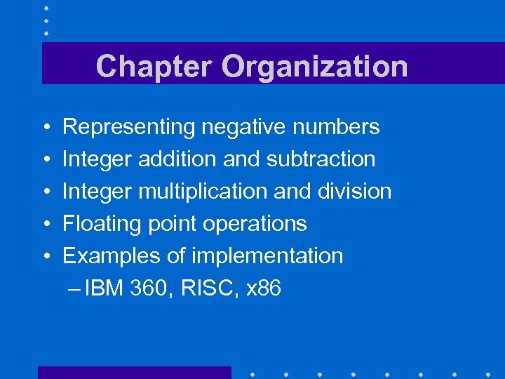 Chapter Organization • • • Representing negative numbers Integer addition and subtraction Integer multiplication