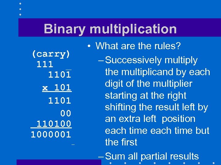 Binary multiplication (carry) 111 _ 1101 x 101 1101 00 110100 1000001 • What