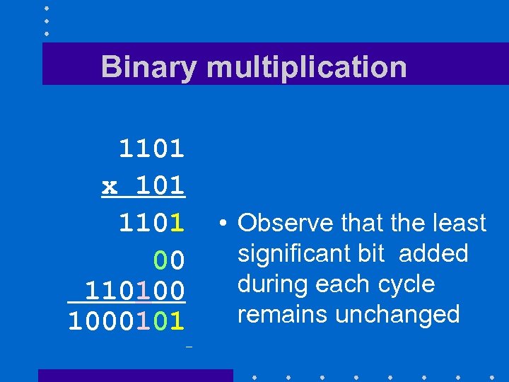 Binary multiplication 1101 x 101 1101 00 110100 1000101 • Observe that the least