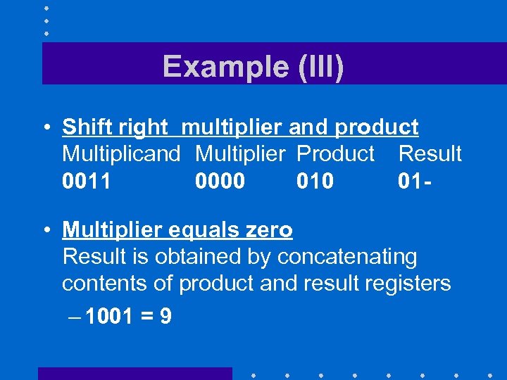 Example (III) • Shift right multiplier and product Multiplicand Multiplier Product Result 0011 0000