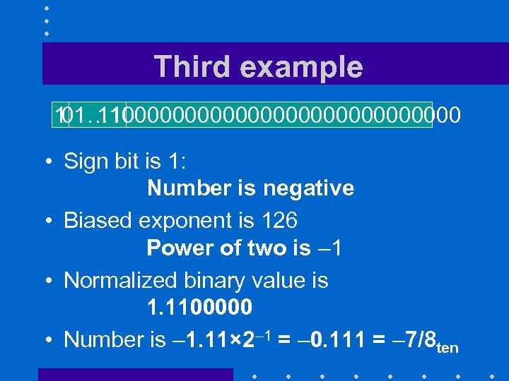 Third example 1 1100000000000000 01… 10 • Sign bit is 1: Number is negative