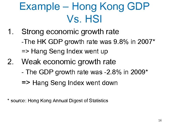 Example – Hong Kong GDP Vs. HSI 1. Strong economic growth rate -The HK