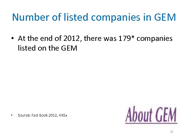 Number of listed companies in GEM • At the end of 2012, there was