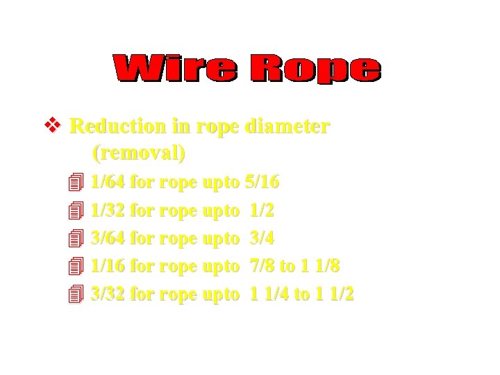 v Reduction in rope diameter (removal) 4 1/64 for rope upto 5/16 4 1/32