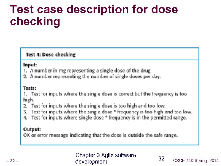 Test case description for dose checking – 32 – Chapter 3 Agile software development