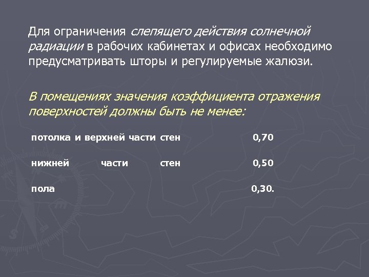 Для ограничения слепящего действия солнечной радиации в рабочих кабинетах и офисах необходимо предусматривать шторы