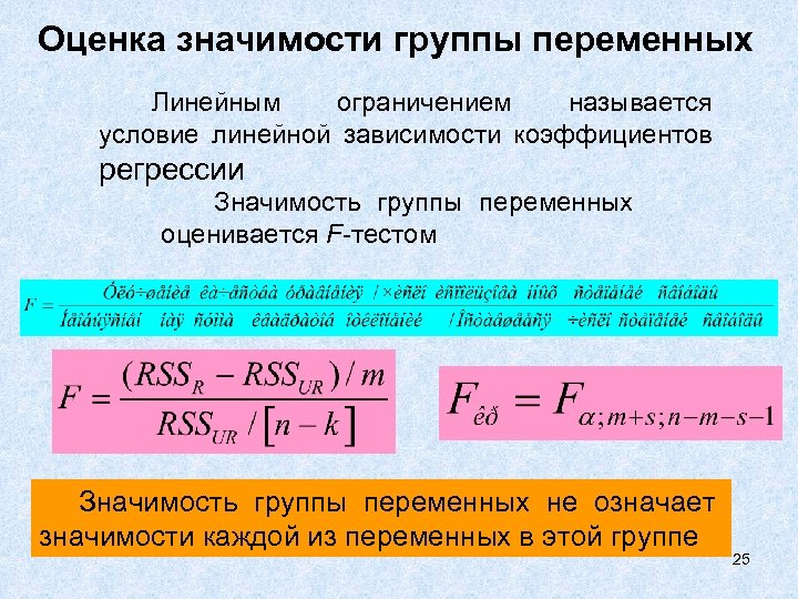 Оценка значимости группы переменных Линейным ограничением называется условие линейной зависимости коэффициентов регрессии Значимость группы