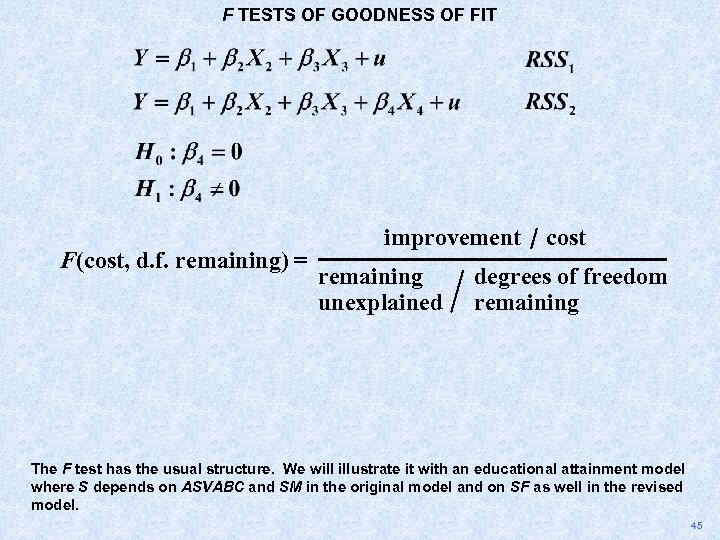 F TESTS OF GOODNESS OF FIT F(cost, d. f. remaining) = improvement remaining unexplained