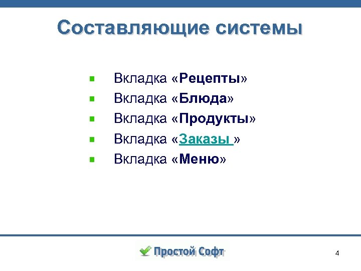 Составляющие системы Вкладка «Рецепты» Вкладка «Блюда» Вкладка «Продукты» Вкладка «Заказы » Вкладка «Меню» 4