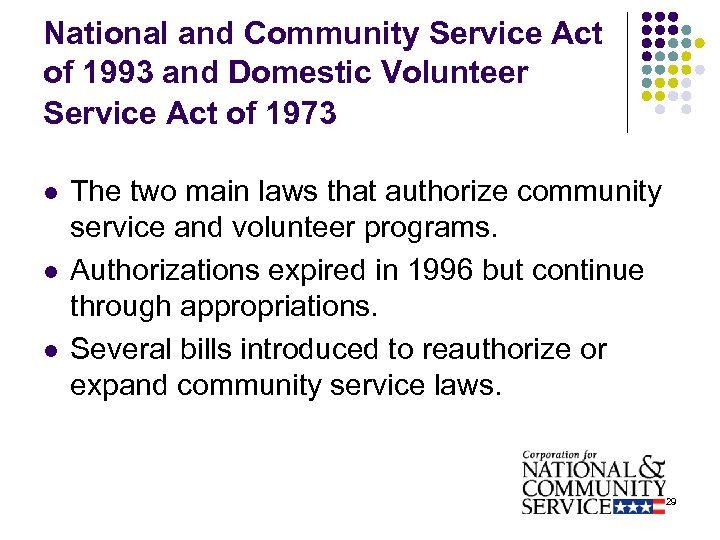National and Community Service Act of 1993 and Domestic Volunteer Service Act of 1973