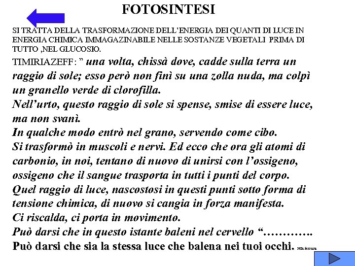 FOTOSINTESI SI TRATTA DELLA TRASFORMAZIONE DELL’ENERGIA DEI QUANTI DI LUCE IN ENERGIA CHIMICA IMMAGAZINABILE