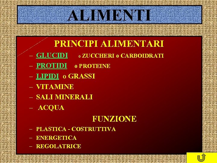 ALIMENTI PRINCIPI ALIMENTARI – – – GLUCIDI o ZUCCHERI o CARBOIDRATI PROTIDI o PROTEINE