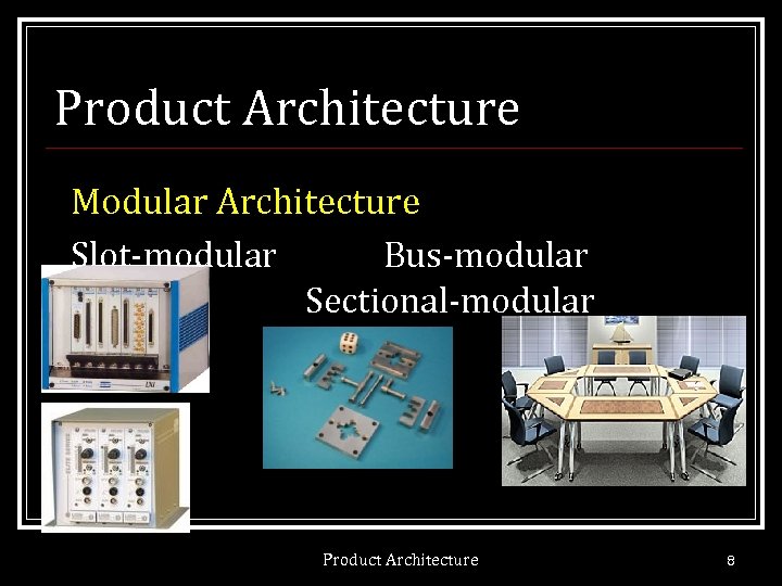 Product Architecture Modular Architecture Slot-modular Bus-modular Sectional-modular Product Architecture 8 