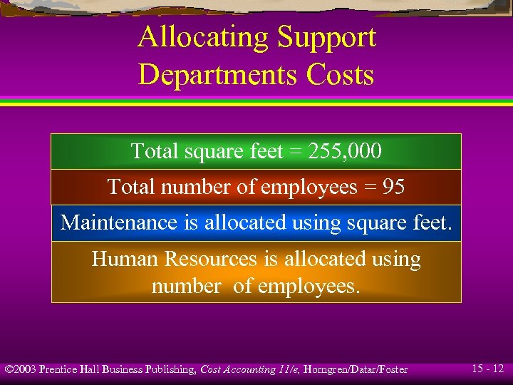 Allocating Support Departments Costs Total square feet = 255, 000 Total number of employees