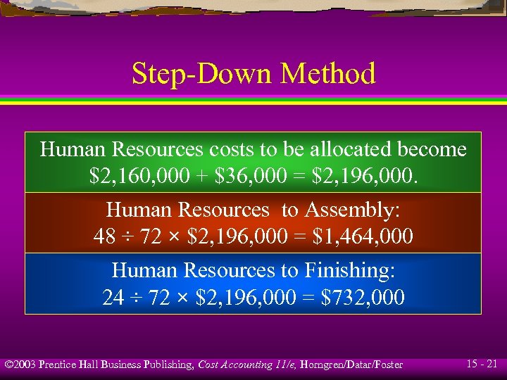Step-Down Method Human Resources costs to be allocated become $2, 160, 000 + $36,