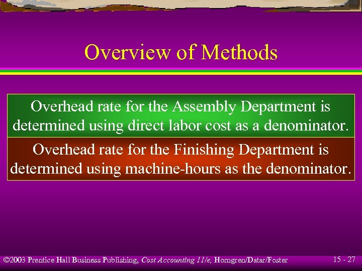 Overview of Methods Overhead rate for the Assembly Department is determined using direct labor