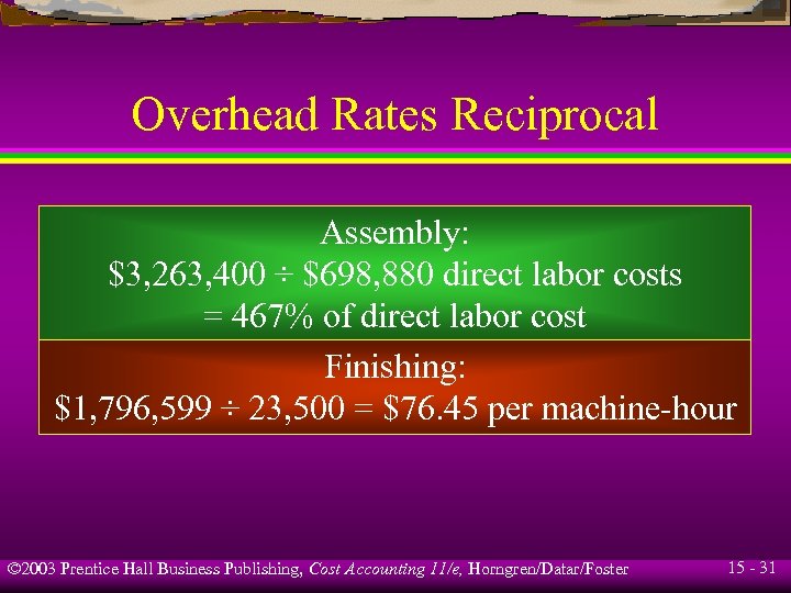 Overhead Rates Reciprocal Assembly: $3, 263, 400 ÷ $698, 880 direct labor costs =