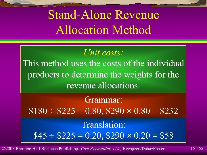 Stand-Alone Revenue Allocation Method Unit costs: This method uses the costs of the individual