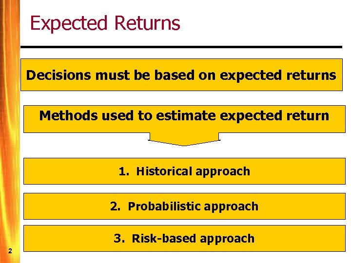 Expected Returns Decisions must be based on expected returns Methods used to estimate expected