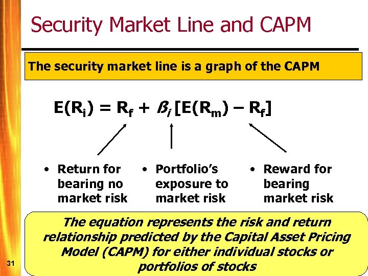 Security Market Line and CAPM The security market line is a graph of the