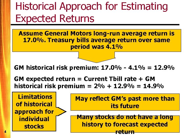 Historical Approach for Estimating Expected Returns Assume General Motors long-run average return is 17.