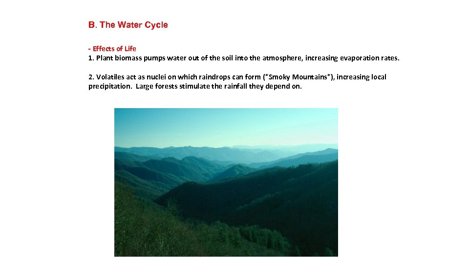 B. The Water Cycle - Effects of Life 1. Plant biomass pumps water out