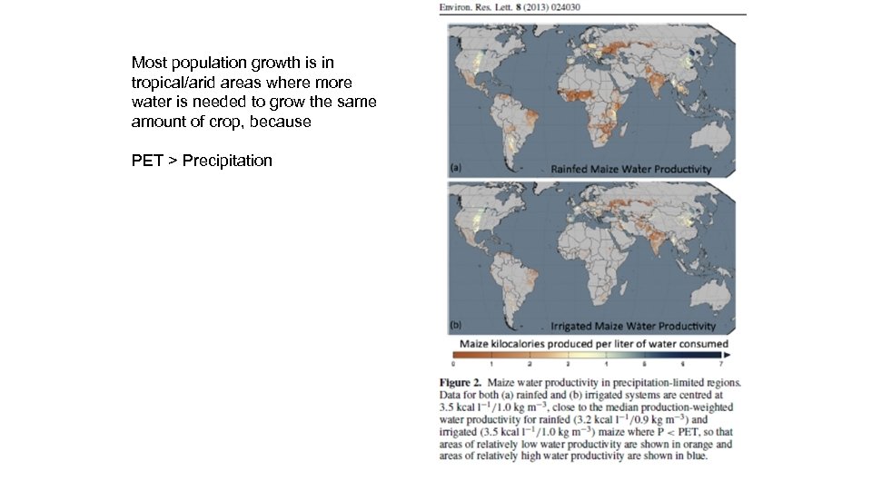 Most population growth is in tropical/arid areas where more water is needed to grow