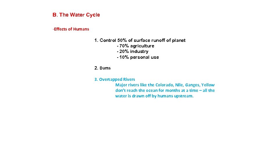 B. The Water Cycle -Effects of Humans 1. Control 50% of surface runoff of