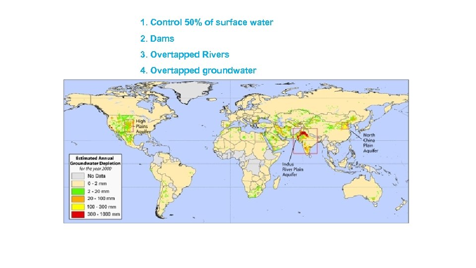 1. Control 50% of surface water 2. Dams 3. Overtapped Rivers 4. Overtapped groundwater