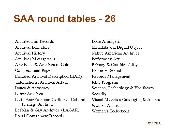 SAA round tables - 26 Architectural Records Archival Educators Archival History Archives Management Archivists