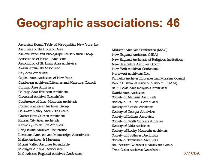 Geographic associations: 46 Archivists Round Table of Metropolitan New York, Inc. Archivists of the