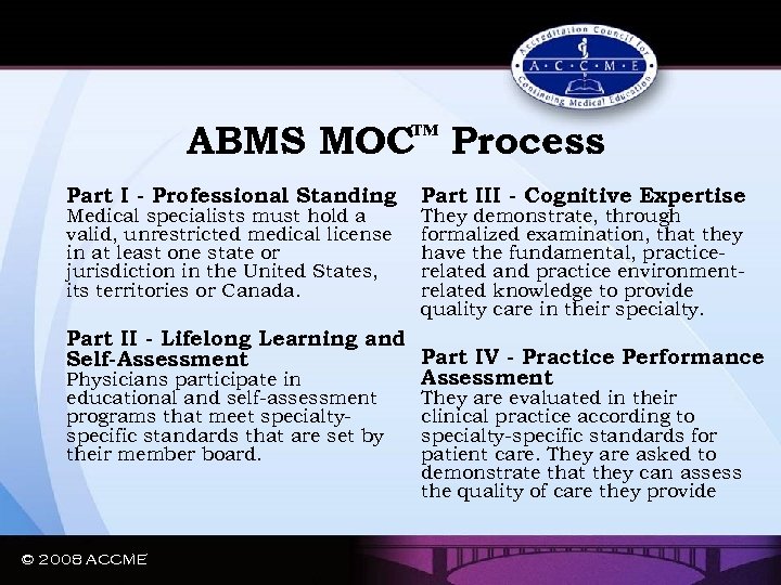 ABMS MOC™ Process Part I - Professional Standing Medical specialists must hold a valid,