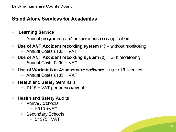 Buckinghamshire County Council Stand Alone Services for Academies • Learning Service – Annual programme