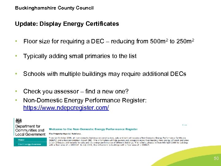 Buckinghamshire County Council Update: Display Energy Certificates • Floor size for requiring a DEC