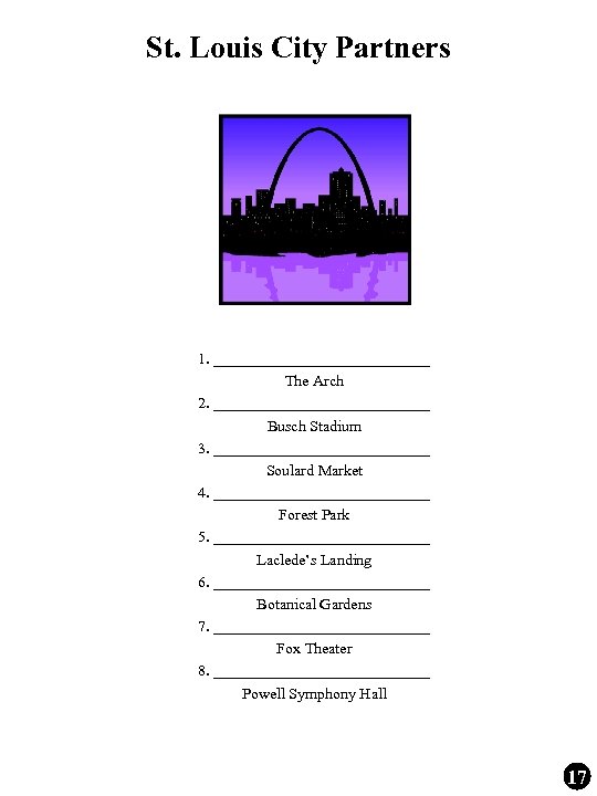 St. Louis City Partners 1. ______________ The Arch 2. ______________ Busch Stadium 3. ______________