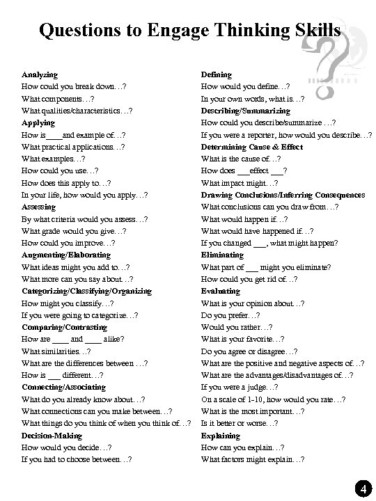 Questions to Engage Thinking Skills Analyzing How could you break down…? What components…? What